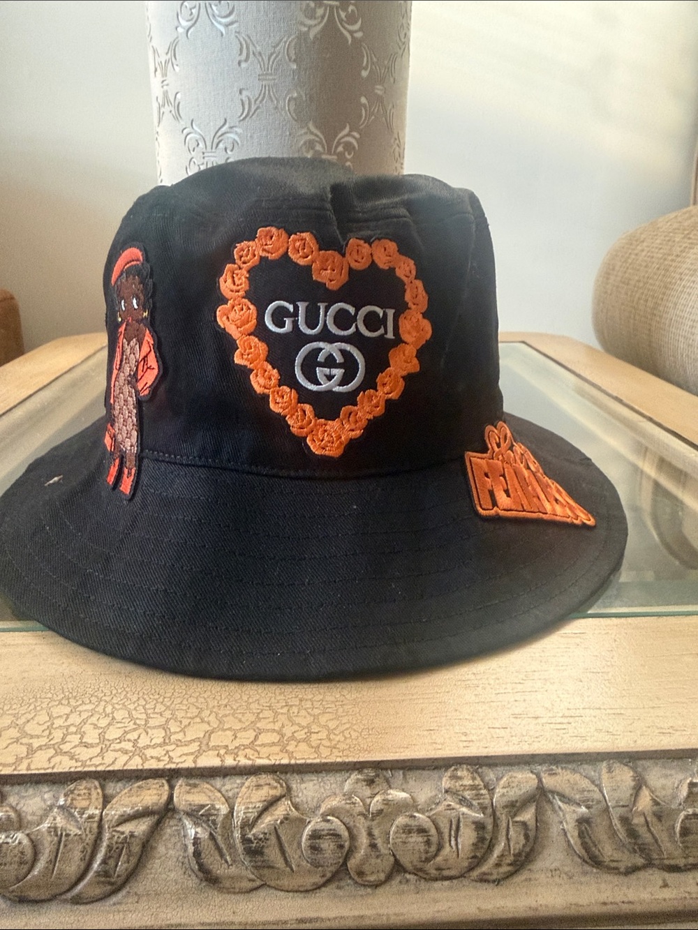 Gucci Black Bucket Hat with Orange Heart Embroidery